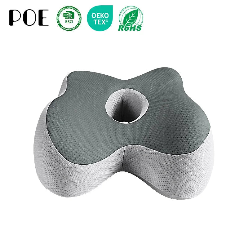 The ComfoVa knee pillow in Dark Grey and White, showing its curved shape and open centre