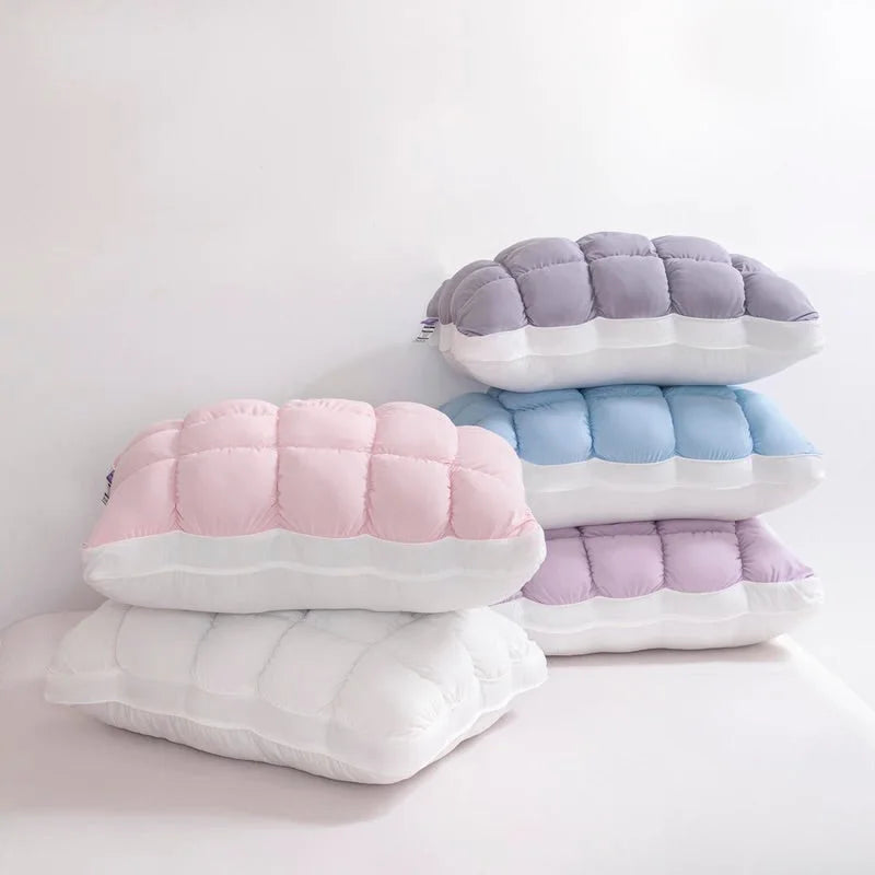 Puff Pillows stacked in White, Pink, Baby Blue and Purple