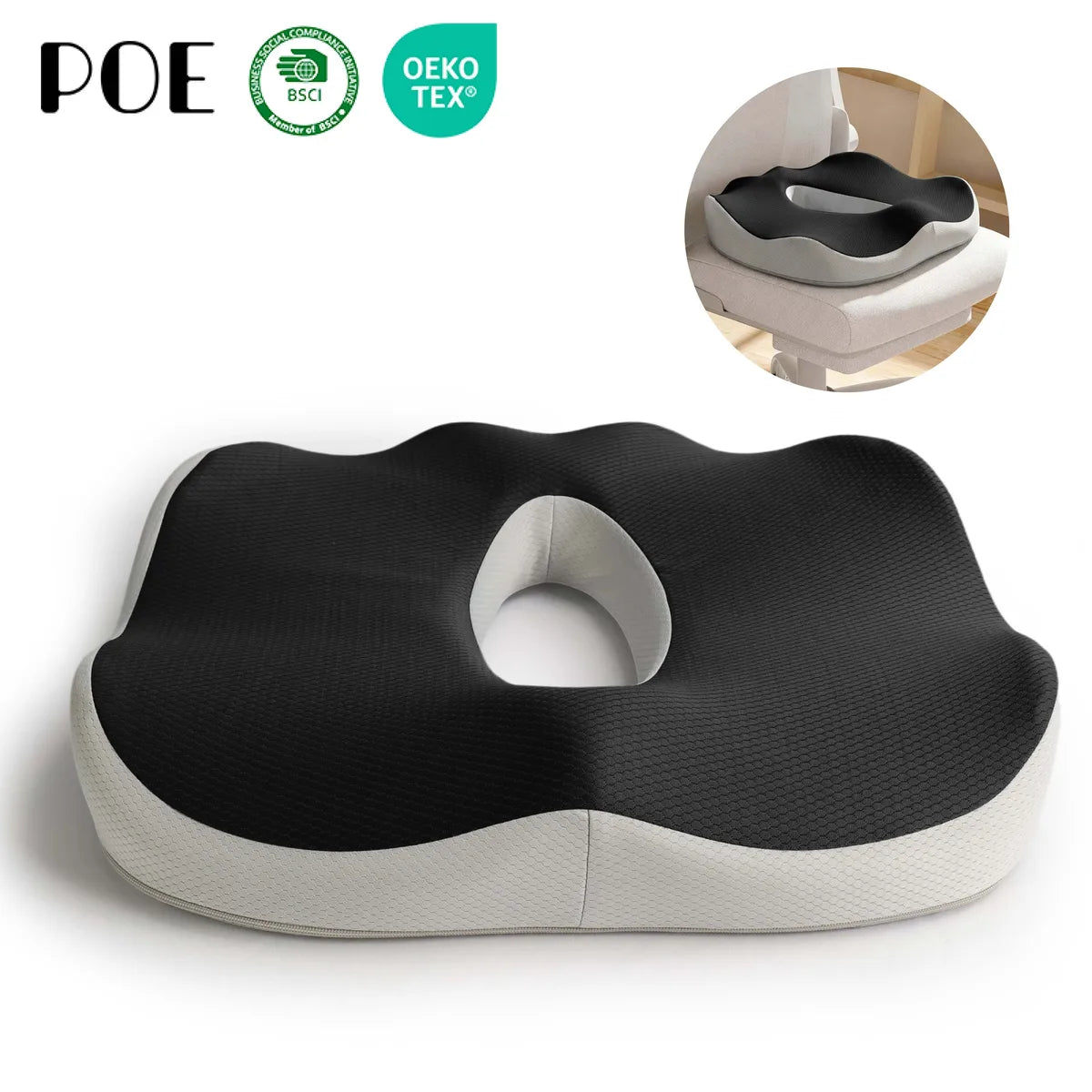 The ComfoVa seat cushion in black, showing its contoured top and tailbone cut-out